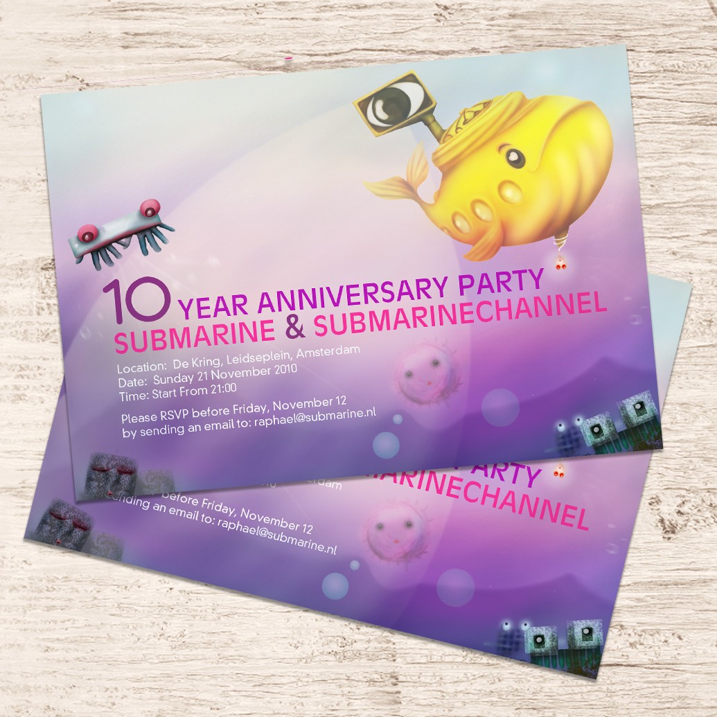 Invitation and poster for Submarine10 years anniversary party